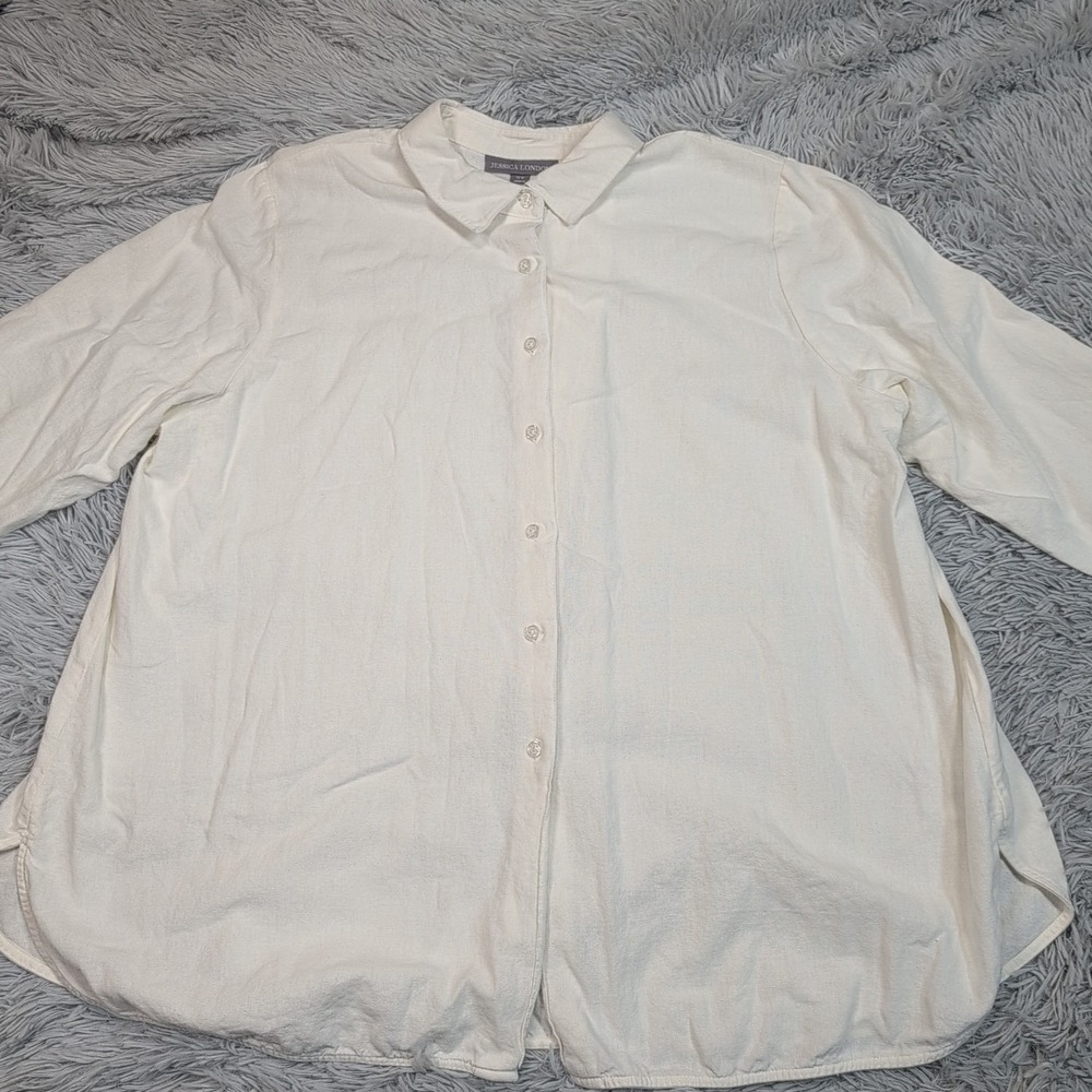 Jessica London Shirt 20W White Linen Blend Button Up Preppy Comfort Casual